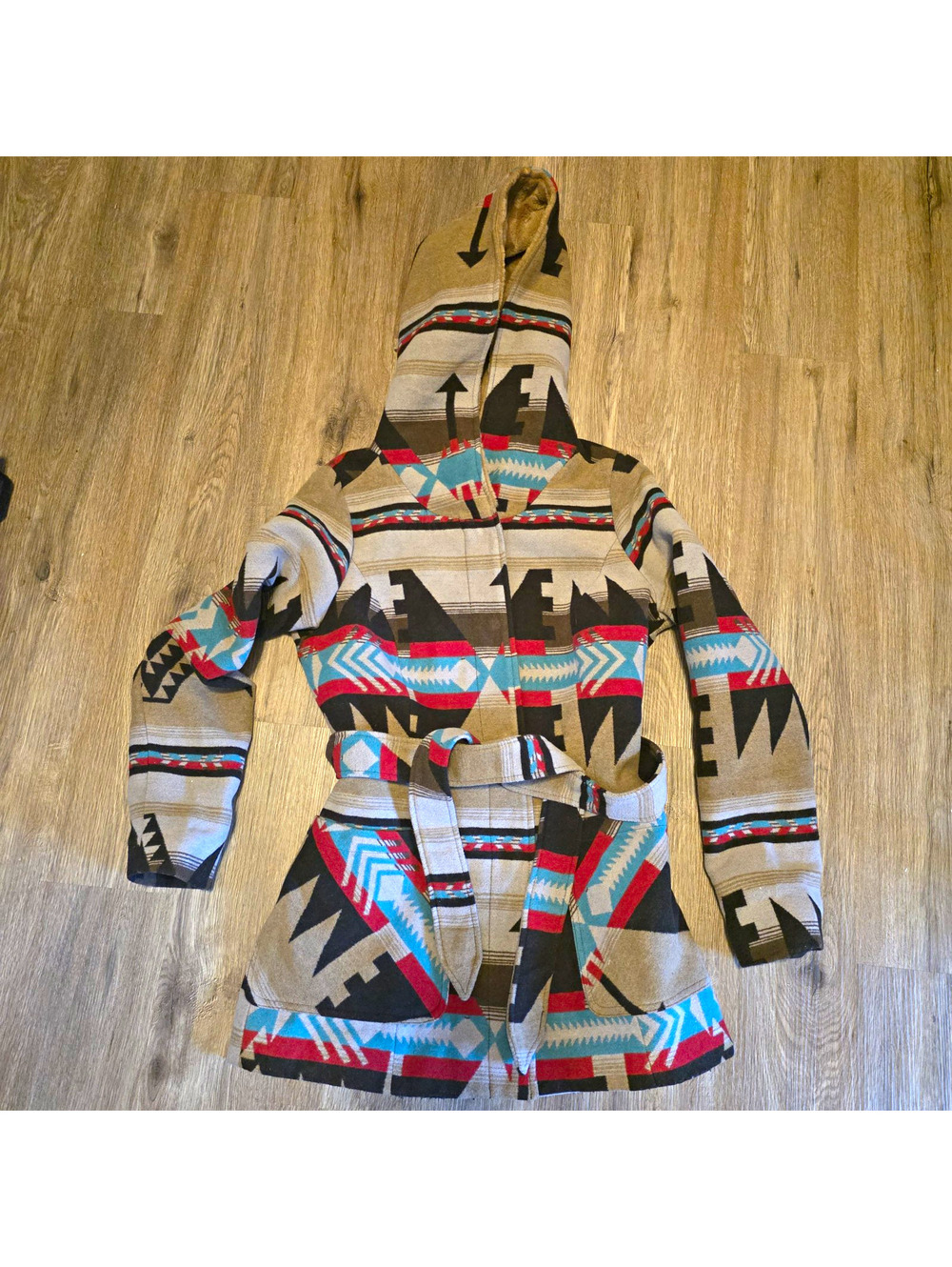 JouJou Womens M Southwestern Geometric Hooded Belted Coat Faux Fur Lined